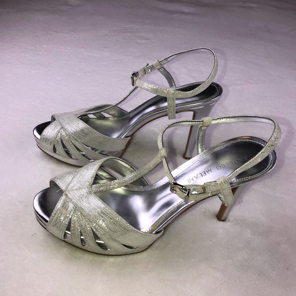Antonio Melani silver suede metallic heel sandals